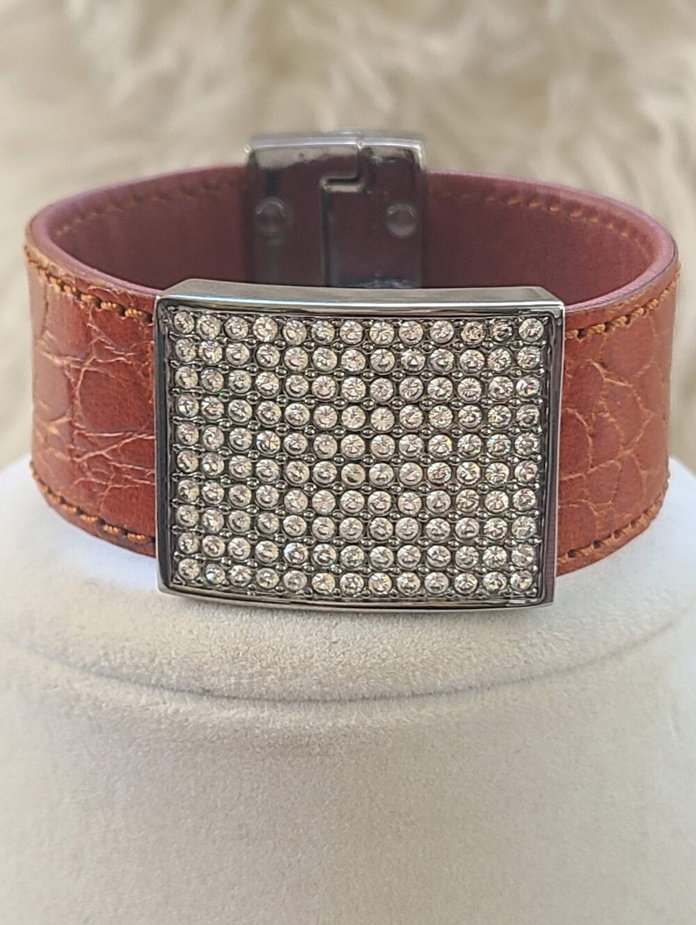 Swarovski Brown Leather Bracelet with Crystal Pavé Plate- Great Condition